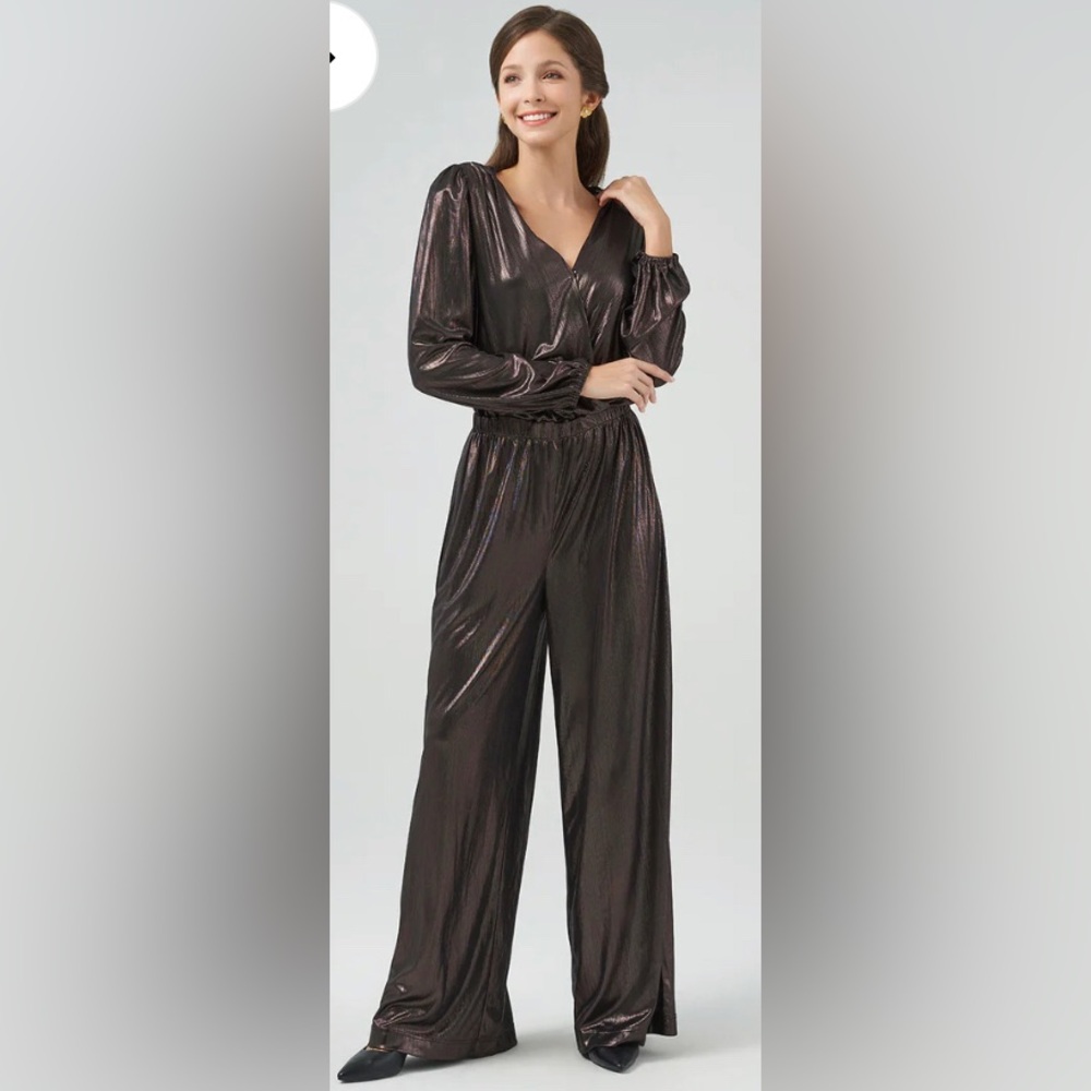 89th &‎ Madison Women's XL Jumpsuit Black Metallic Wide Leg Holiday V-Neck
